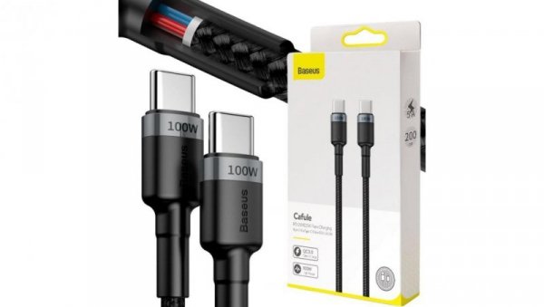 KABEL USB-C -igt/br USB-C Baseus Cafule CATKLF-ALG1 200cm 100W 5A PD 2.0 QC 3.0 CZARNO-SZARY W OPLOCIE