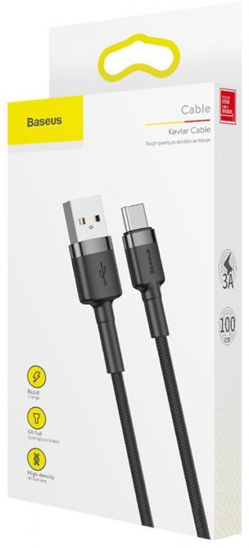 KABEL USB-A -&gt; USB-C Baseus Cafule CATKLF-BG1 100cm 3A QC 3.0 CZARNO-SZARY W NYLONOWYM OPLOCIE