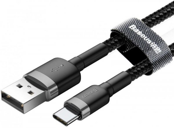 KABEL USB-A -&gt; USB-C Baseus Cafule CATKLF-UG1 300cm 3A QC 3.0 CZARNO-SZARY W NYLONOWYM OPLOCIE