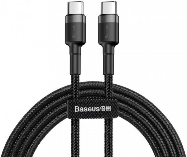 KABEL USB-C -&gt; USB-C Baseus Cafule CATKLF-GG1 100cm 60W 3A PD 2.0 QC 3.0 CZARNO-SZARY W OPLOCIE