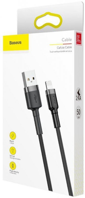 KABEL USB-A -&gt; Lightning / iPhone Baseus Cafule CALKLF-AG1 50cm Apple 2.4A CZARNO-SZARY W OPLOCIE