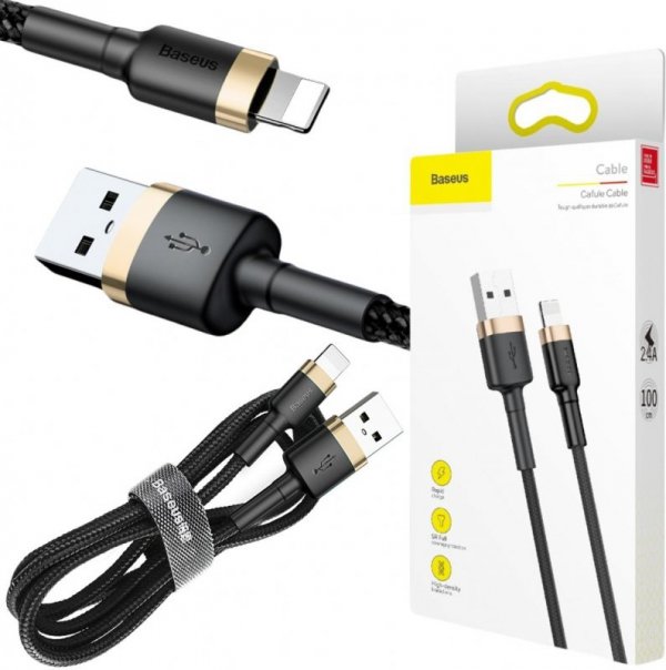 KABEL USB-A -&gt; Lightning / iPhone Baseus Cafule CALKLF-BV1 100cm Apple 2.4A CZARNO-ZŁOTY W OPLOCIE