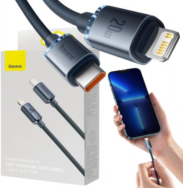 KABEL USB-C -&gt; Lightning / iPhone Baseus Crystal CAJY000301 2m 20W PD Quick Charging CZARNY W OPLOCIE PREMIUM