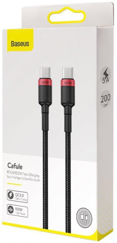 KABEL USB-C -&gt; USB-C Baseus Cafule CATKLF-AL91 200cm 100W 5A PD 2.0 QC 3.0 CZARNY W OPLOCIE