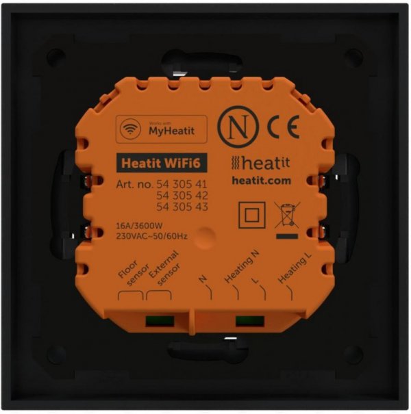 Termostat Heatit WiFi6 Black Matt Wi-Fi Thermostat 3600W 16A