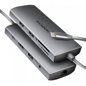 AXAGON HMC-8HLSA Wieloportowy hub USB 9in1, 5Gbps, 3x USB-A + HDMI 4K/30Hz, SD/microSD, GLAN, Audio, PD 100W, 20cm USB-C kabel