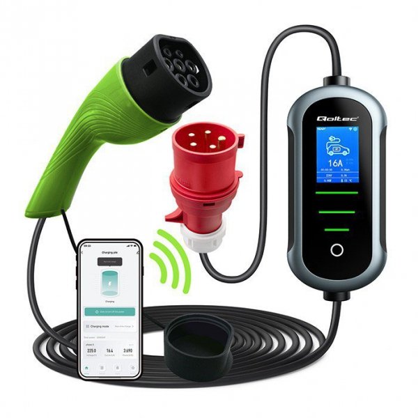 Qoltec Mobilna ładowarka do samochodu elektrycznego EV z regulacją 2w1  Typ2 | 11kW | 400V | Wi-Fi | TUYA | SMART LIFE | LCD | W