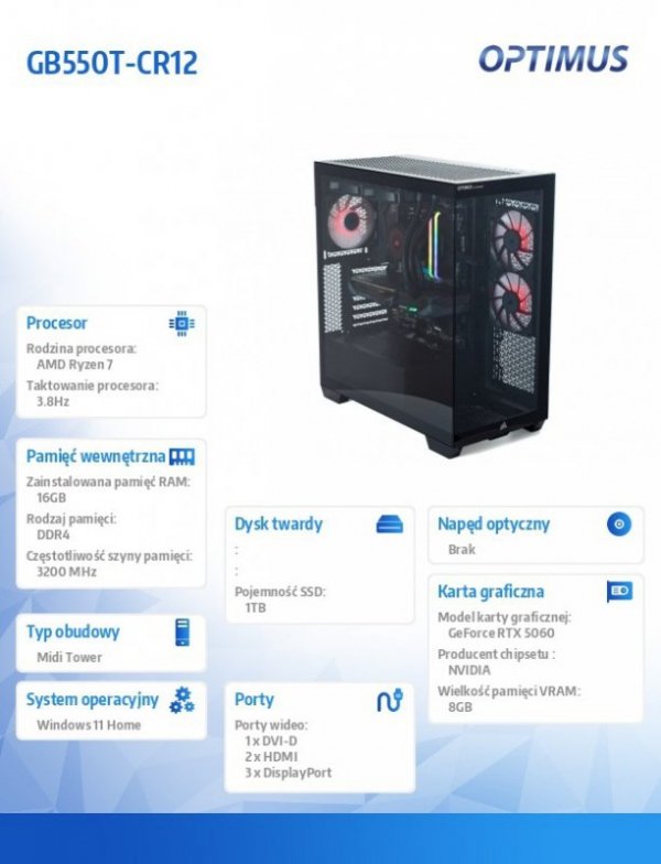 OPTIMUS Komputer E-Sport GB550T-CR12 R7-5800X/16GB/1TB/RTX 5060 OC 8GB/W11