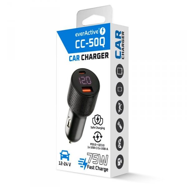 everActive Ładowarka samochodowa CC-50Q QC3.0 75W 1X USB + 1X USB-C PD czarna