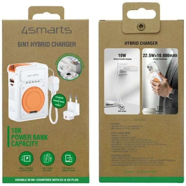 4smarts Ładowarka 6w1 Powerbank 10000mAh 22,5W Qi indukcyjne USB-C +     USB-A + kabel USB-C Biała