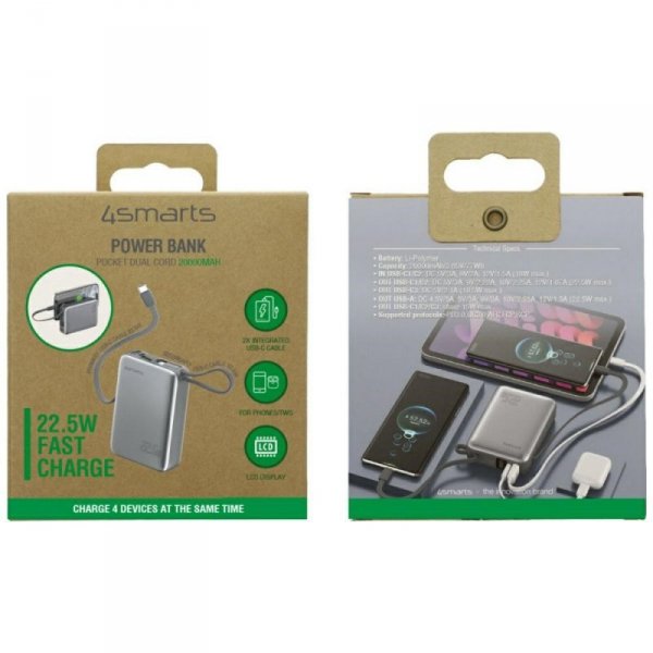 4smarts Powerbank Pocket Dual Cord 20000mAh 22,5W z wbudowanym kablem USB-C 15cm Szary