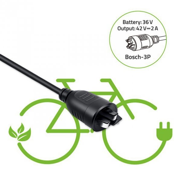 Qoltec Ładowarka do roweru elektrycznego 36V | 42V | 2A | wtyczka Bosch 3Pin + kabel zasilający