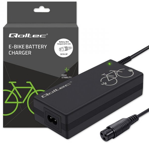 Qoltec Ładowarka do roweru elektrycznego 36V | 42V | 2A | 3P-GX16 + kabel zasilający