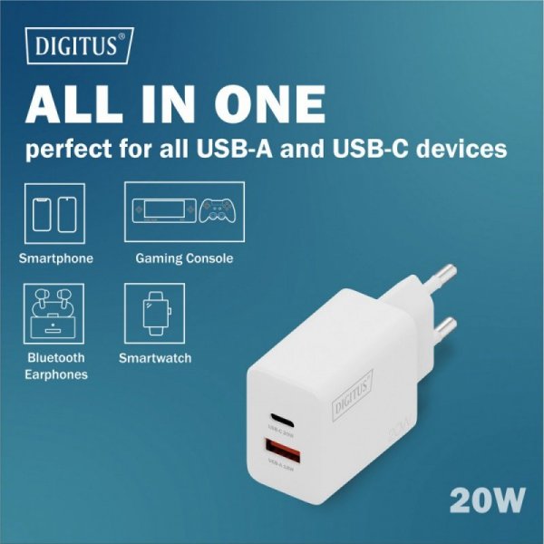 Digitus Ładowarka sieciowa 20W | 1x USB-C, 1x USB-A | PD 3.0, QC 3.0 | Biała