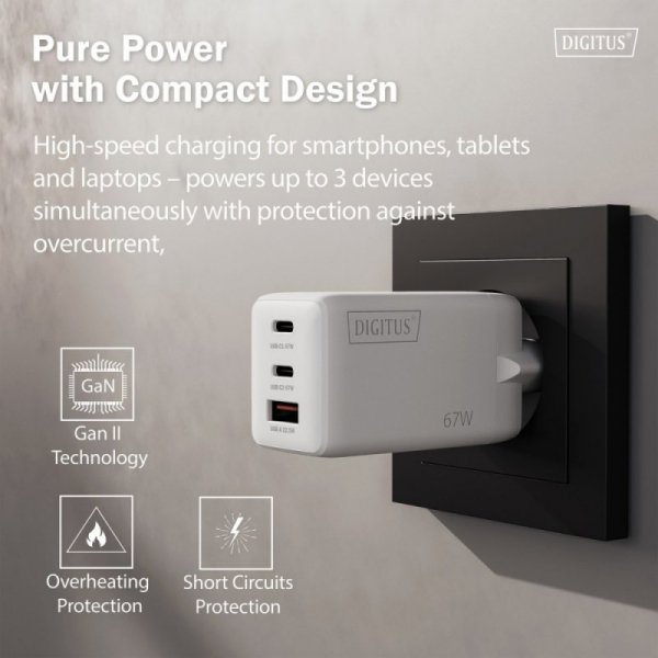 Digitus Ładowarka sieciowa GaN II 67W | 2x USB-C, 1x USB-A | PD 3.0, QC 3.0 | Biała