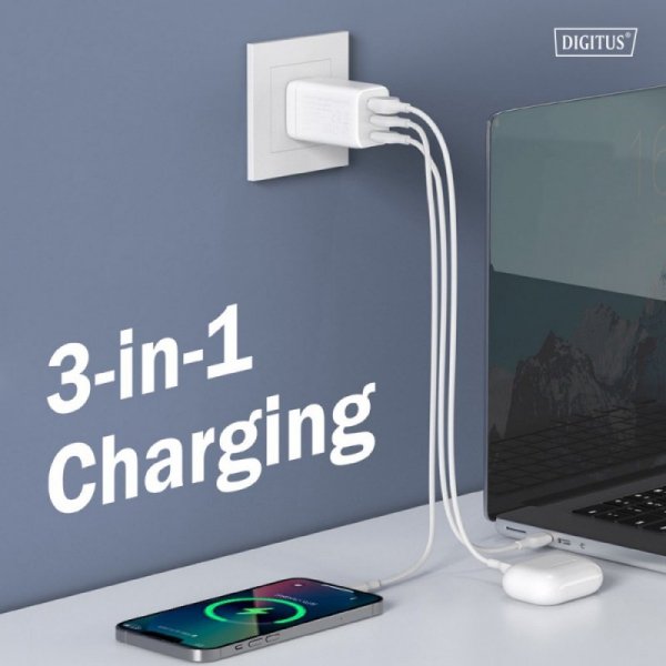 Digitus Ładowarka sieciowa GaN II 67W | 2x USB-C, 1x USB-A | PD 3.0, QC 3.0 | Biała