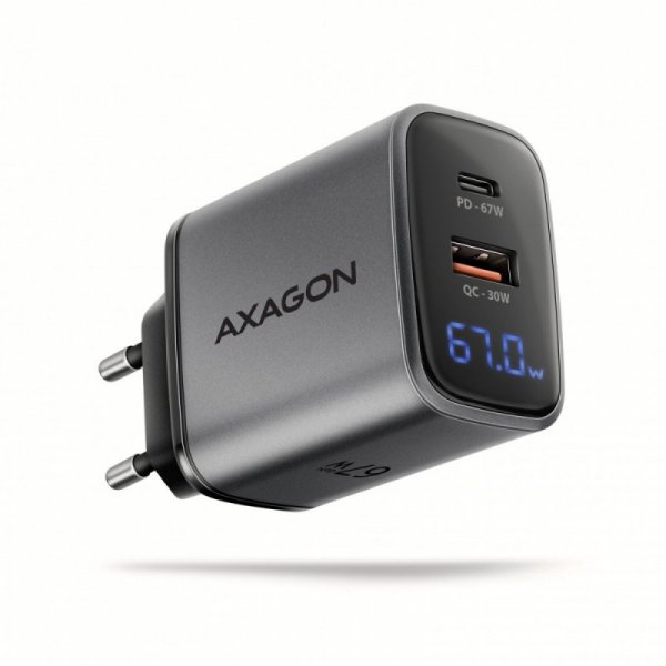 AXAGON ACU-PQ67D Ładowarka sieciowa PD&QC 67W 2-port GaN, Ekran LED, USB-A  + USB-C