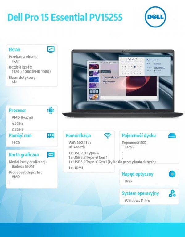 Dell Laptop Dell Pro 15 Essential PV15255 W11P R5-7520U|16GB|512GB SSD|AMD Radeon 610M|WLAN + BT|15.6 FHD|Backlit Kb|3 Cell|65W|