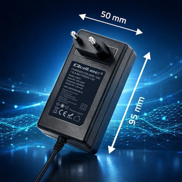 Qoltec Ładowarka do akumulatora AGM GEL | Prostownik 12V | 2A | 24W |   5.5x2.1 | kabel 1.8m