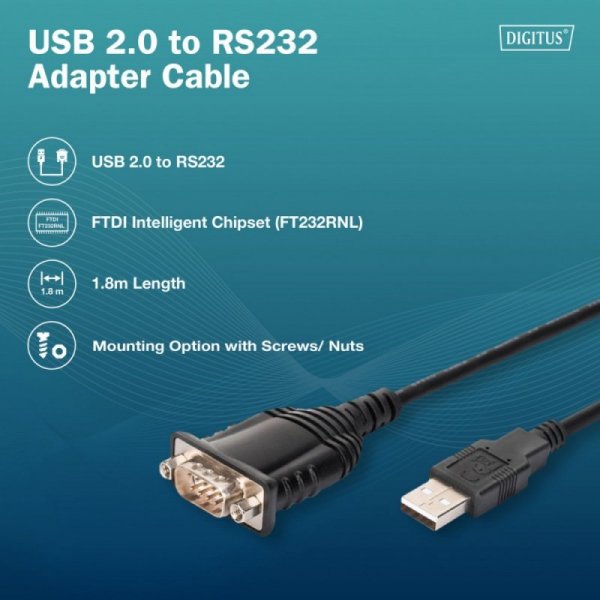 Digitus Kabel adapter USB 2.0 do RS232 (DB9) | Chipset FTDI (FT232RNL) | PVC, czarny | Mocowanie w tulejkach gwintowanych | 1.8m