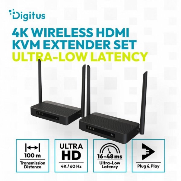Digitus Przedłużacz / Extender HDMI bezprzewodowy z KVM do 100m | UHD 4K@60Hz | Audio | Niskie opóźnienie 16ms (Zestaw)