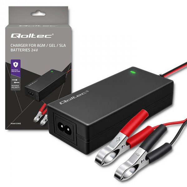 Qoltec Ładowarka do akumulatora AGM GEL STD | Prostownik 24V | 2A | 48W | LED | Kabel 1.8m