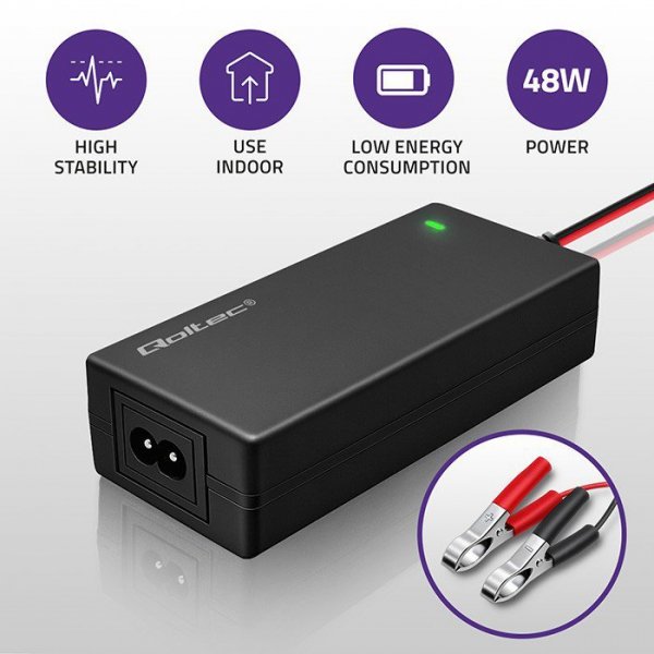 Qoltec Ładowarka do akumulatora AGM GEL STD | Prostownik 24V | 2A | 48W | LED | Kabel 1.8m