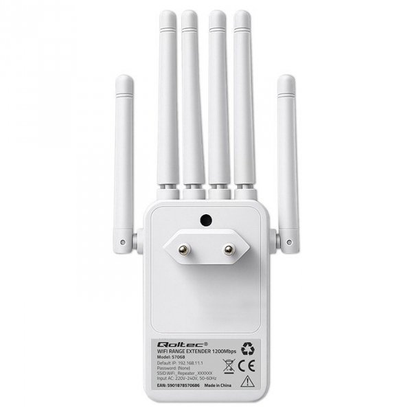 Qoltec Wzmacniacz syganłu WiFi 5 | Repeater | Access Point | AC1200 Mb/s| 6 anten | 2xRJ45 | 128MB