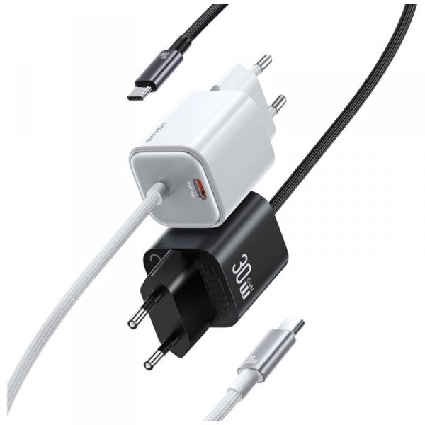USAMS Ładowarka sieciowa JC Series CC264 30W GaN Fast Charge wbudowany kabel USB-C biała