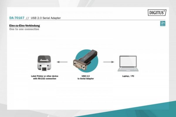 Digitus Konwerter / Adapter USB-A 2.0 męski do RS232 (DB9) męski | Chipset Prolific PL2303GT | Mocowanie na śruby | z dodatkowym