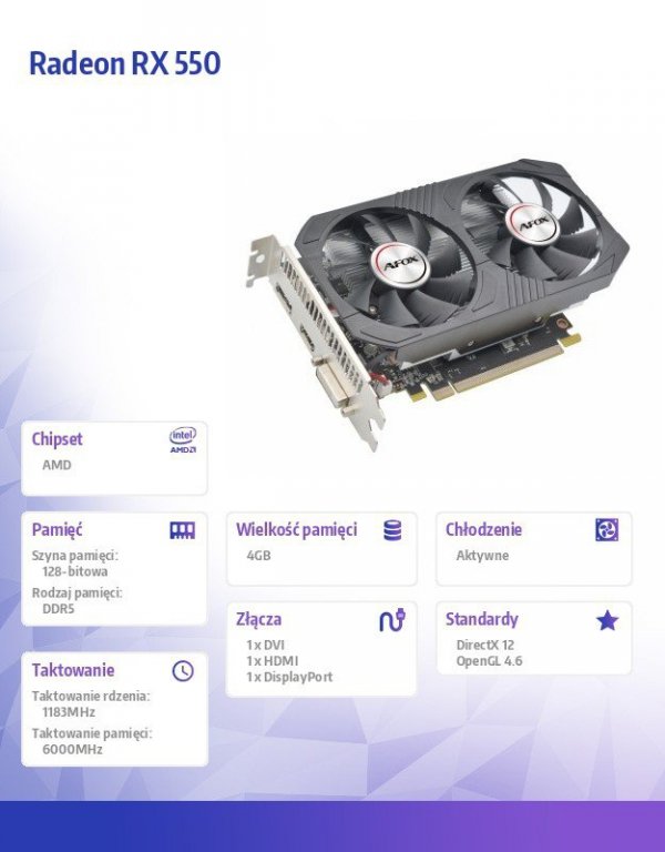 AFOX Karta graficzna Radeon RX 550 4GB GDDR5 128Bit DVI HDMI DP ATX