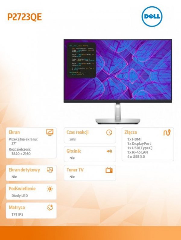 Dell Monitor P2723QE 27 cali IPS LED 4K (3840x2160)/16:9/HDMI/DP/USB-C/4xUSB 3.2 /RJ45/3Y AES