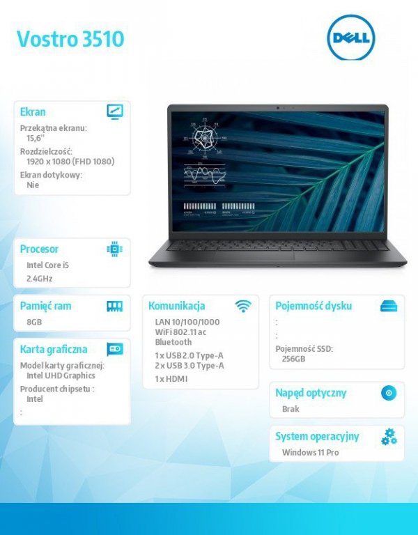 Dell Notebook Vostro 3510 Win11Pro i5-1135G7/8GB/256GB SSD/15.6&quot; FHD/Intel UHD/FgrPr/Cam & Mic/WLAN + BT/Backlit Kb/3 Cell/