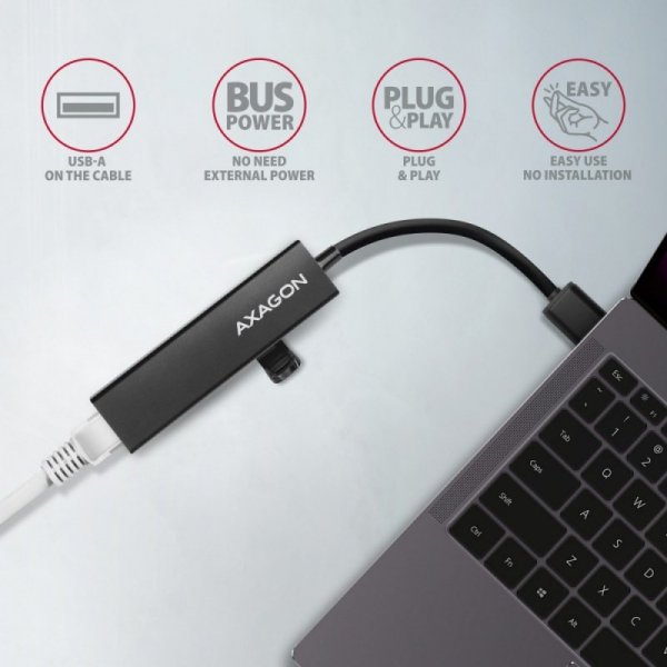 AXAGON HMA-GL3A Wieloportowy hub USB 4in1, 5Gbps, 3x USB-A + GLAN, metalowy, 20cm USB-A kabel