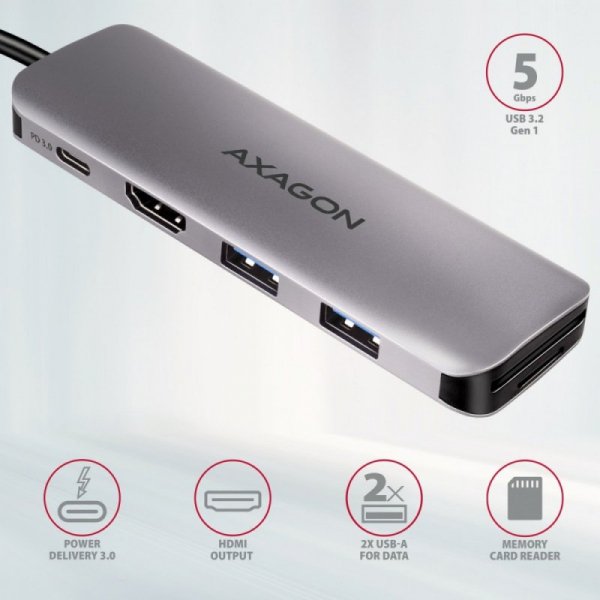 AXAGON HMC-5 Wieloportowy hub USB 5in1, 5Gbps, 2x USB-A, HDMI 4K/30Hz, SD/microSD, PD 100W, 20cm USB-C kabel