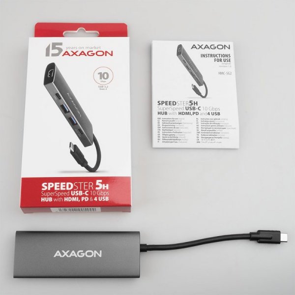 AXAGON HMC-5G2 Wieloportowy hub USB 5in1, 10Gbps, 2x USB-A + 2x USB-C + HDMI 4K/60Hz, PD 100W, 13cm USB-C kabel