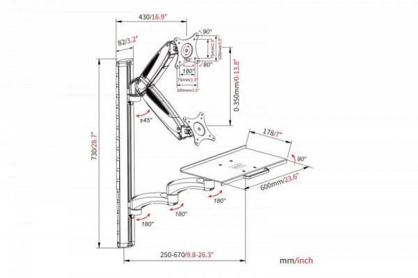 Digitus Ramię naścienne pojedyncze 1xLCD + klawiatura, max. 32" i 8kg uchylno-obrotowe 360° (PIVOT)