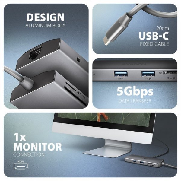 AXAGON HMC-8HLSA Wieloportowy hub USB 9in1, 5Gbps, 3x USB-A + HDMI 4K/30Hz, SD/microSD, GLAN, Audio, PD 100W, 20cm USB-C kabel