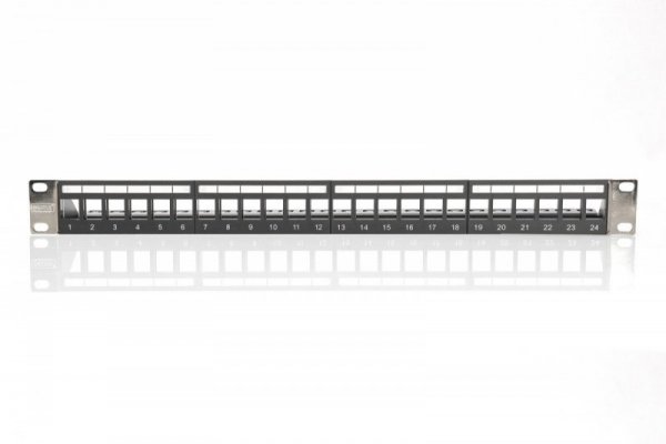 Digitus Panel krosowy (patch panel) modularny 19" 24 porty pod moduły keystone, 1U, ekranowany, prowadnica kabli, wymienne 