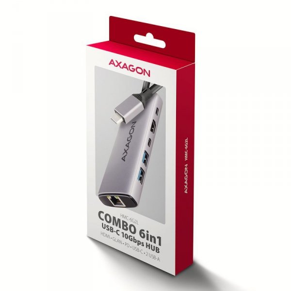 AXAGON HMC-6G2L Wieloportovy hub USB 6in1, 10Gbps, 2xUSB-A, 1xUSB-C, HDMI 4K/60Hz, PD 100W, GLAN, 15cm USB-C kabel
