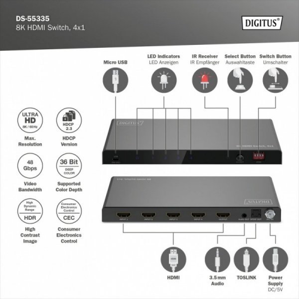 Digitus Przełącznik / Switch HDMI 4x1, 8K/60Hz (4:4:4) z HDR, 48 Gbps, HDCP 2.3, Toslink / Stereo, EDID