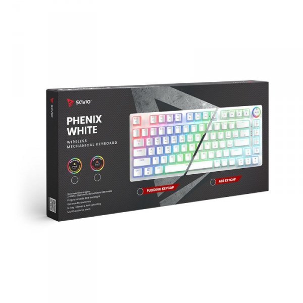 Savio Klawiatura mechaniczna bezprzewodowa PHENIX WHITE Gateron Red Pro, Pudding