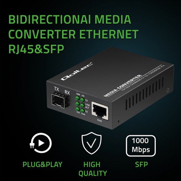 Qoltec Dwukierunkowy Media Konwerter SWITCH Ethernet 1x RJ45 1x SFP |   1000Mb/s | 5V