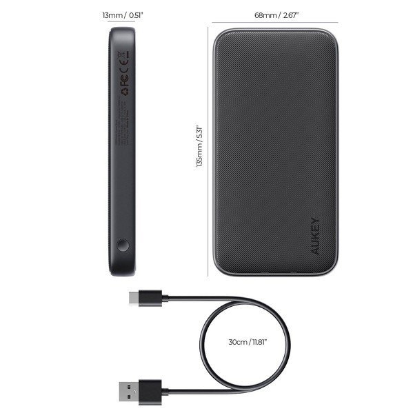 AUKEY PB-Y46 Power Bank | 10000 mAh | 15W | 2xUSB | LED | kabel USB-C