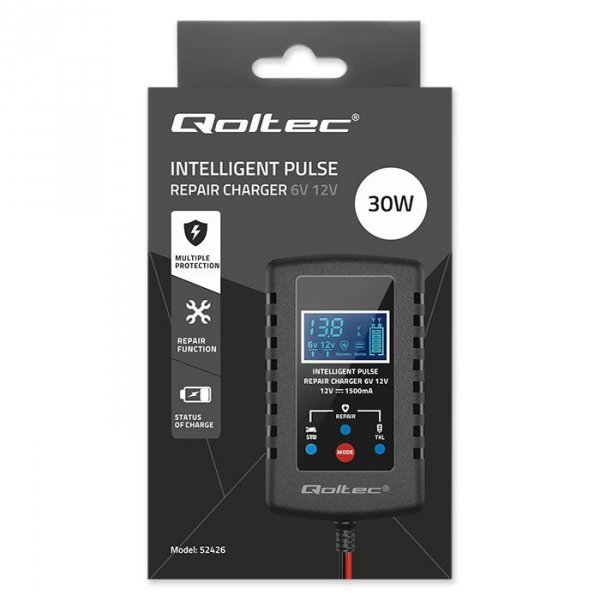 Qoltec Automatyczna ładowarka do akumulatora AGM GEL STD 6V/12V | 2A |  Prostownik z funkcją naprawy i wyświetlaczem LED