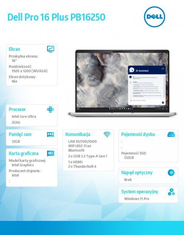 Dell Laptop Dell Pro 16 Plus PB16250 W11P U5 235U/32GB/512GB SSD/16 FHD+/Int/FgrPr&SmtCd/FHD/IRCam/Mic/WLAN+BT/BcklKb/3C/3YPS Al