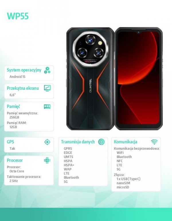 OUKITEL Smartfon WP55 5G 12/256 GB IP69K Pomarańczowy