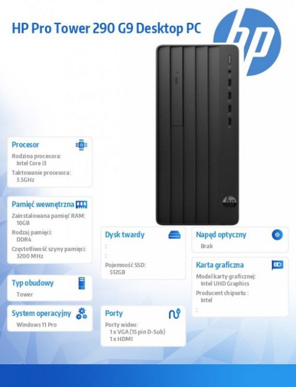HP Inc. Komputer Pro Tower 290 G9 i3-14100 512GB/16GB/W11P      B6ZB0ET