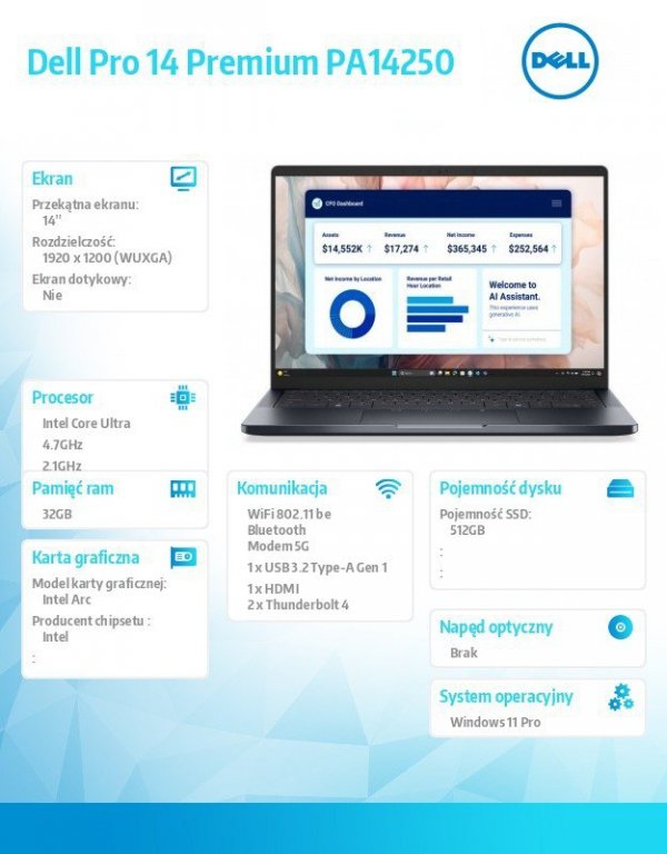 Dell Laptop Dell Pro 14 Premium PA14250 W11P U5-238V/32GB/512GB CL35/14.0 FHD+/Arc/FgrPr/Cams&Mic/5G WWAN+BT/BcklKb/3C/vPro/3YPS