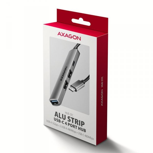 AXAGON HUE-STC HUB 4-portowy  1x USB-A 5Gbps, 2x USB2.0 + 1x USB-C 2.0, 12cm kabel USB-C